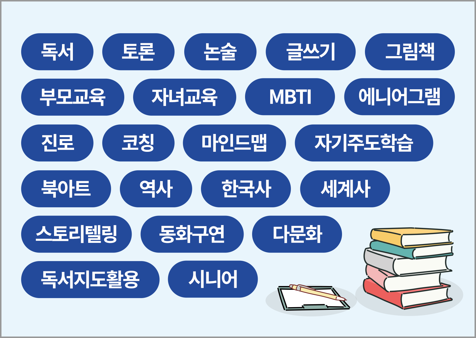 교육 분야 : 독서, 토론, 논술, 글쓰기, 그림책, 부모교육, 자녀교육, MBTI, 에니어그램, 진로, 코칭, 마인드맵, 자기주도학습, 북아트, 역사, 한국사, 세계사, 스토리텔링, 동화구연, 다문화, 독서지도활용, 시니어